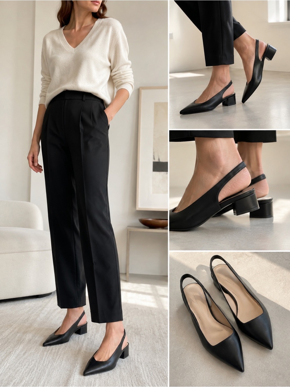 Everlane Black Leather Slingback Block Heel Pumps US 10.5 Made in Italy Pointed